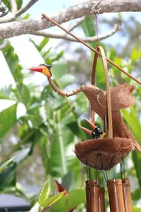 NEW Balinese Bird with Chicks Bamboo Wind Chime - Bali Bamboo/Coconut Windchime - Picture 1 of 5