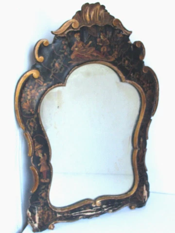 Antique Chinoiserie Wall Hanging Mirror Hand Painted Scenes on Black 18" X 26" Cover