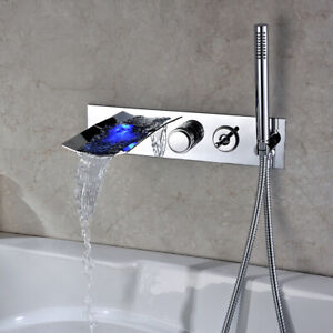 LED Waterfall Bathroom Wall Mounted Faucet Basin Sink Chrome Bathtub Mixer Tap