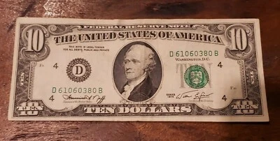 1974 $10 Ten Dollar Federal Reserve D Note Cleveland D 61060380 B - Off Center  - Image 1 of 2