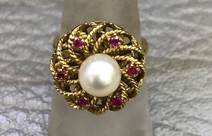 Vintage 18KT Yellow Gold Pearl And Ruby Ring, Ring Size 7.75 - Picture 1 of 5