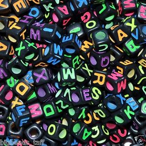 cube black neon colourful acrylic beads 6 ,7, 10mm letter alphabets, 6mm number