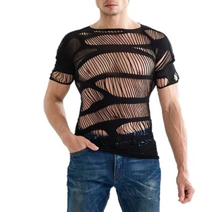 Trendy Men's Hollow Out Mesh T Shirts with Short Sleeves and O Neck Design - Picture 1 of 8