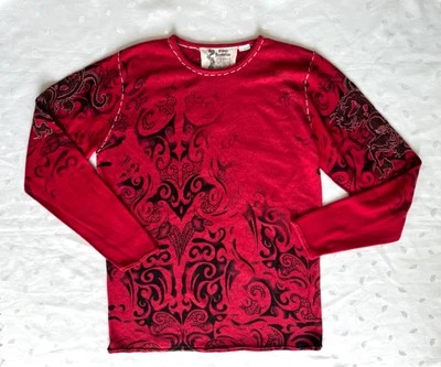 Ethnic Revolution 100% Cashmere Printed & Embroidered Pullover Sweater in Red LG - Image 1 of 4
