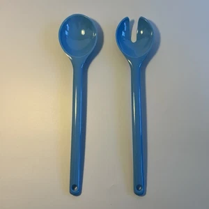 2pc Melamine Vintage Utensils Blue Salad Servers Serving Spoon Set MCM - Picture 1 of 6