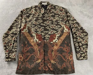 Batik Print Button Hemd Herren XL / L 2 Vögel Langarm Geometrische Tasche Blumen - Bild 1 von 12