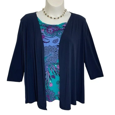 Кардиган Jaclyn Smith безрукавка комбинированный женский размер 1X темно-синий с длинным рукавом эластичный - Изображение 1 из 4