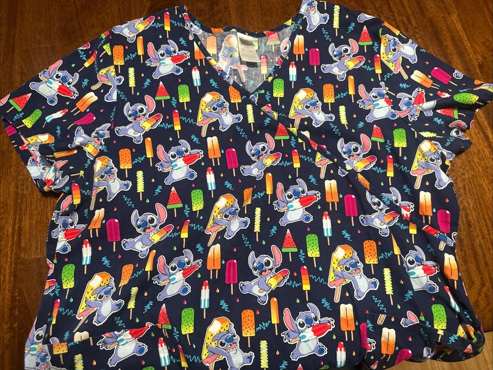 Disney Lilo & Stitch Scrub Uniform Top 2XL Popsicle Print 100% Cotton W/pockets - Image 1 of 1