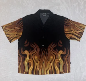 Flames Print Shirt Vintage 90s Y2K Short Sleeve Button Up Camp Guy Fieri Size L - Picture 1 of 9