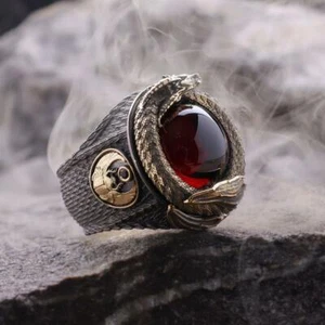 Amazing Blood Red Cabochon Ruby Dragon's Treasure Men's 925 Real Silver Ring - Picture 1 of 7