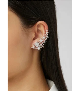 935 Silver Amazing Stars Left Earcuff Women's Earring With Simulated Sapphires - Picture 1 of 7