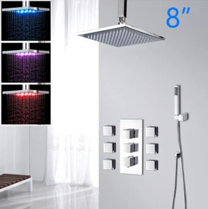 Lujo 8"" Cuadrado Cabezal LED Termostático con Masaje Chorros Ducha Set - Imagen 1 de 11