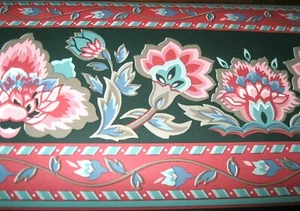Black WALLPAPER BORDER Flowers Floral Red Grey Aqua Pink Taupe 555760 Jacobean - Picture 1 of 1