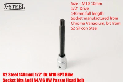 S2 Steel 140mmL 1/2" Dr. M10 6PT Ribe Socket Bits Audi A4/A6 VW Passat Head Bolt - image 1 of 4