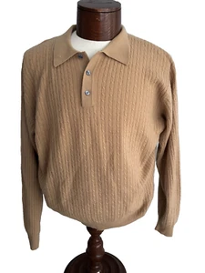 VTG JOS A BANK ITALIAN CASHMERE TAN POLO STYLE CABLED CARDIGAN SWEATER SZ XL - Picture 1 of 7