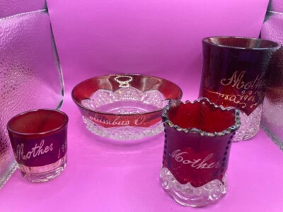 4 Antique EAPG Ruby Flash Glass Toothpick Holder Berry Bowl Mother Columbus Ohio - Image 1 of 4