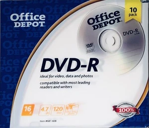 Paquete de 10 discos de video DVD-R marca Office Depot 120 min 4,7 GB 16X NUEVOS sellados - Imagen 1 de 2