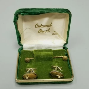 Vintage Drop Shape Gold Tone Bullet Back Cufflinks Collar Button in Green Box - Picture 1 of 8