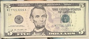 $5 FIVE DOLLAR BILL - 2 pair / 1 triples / Fancy Serial Number MI 77213226 A - Picture 1 of 2