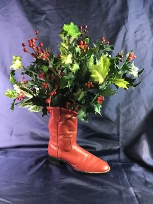 Leather Western Cowboy Boot with Red & Green Holly Holiday Arrangement Farmhouse - Image 1 of 4
