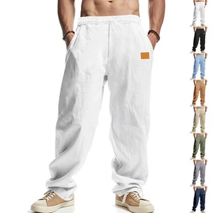 Men's Linen Pants Baggy Beach Solid Comfortable Breathable Pants Loose Trousers - Picture 1 of 37