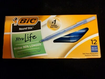 BIC  NIB 12 Round Stic Xtra Life Stick Ballpoint Pens Blue Ink writes 90% longer - Image 1 of 3