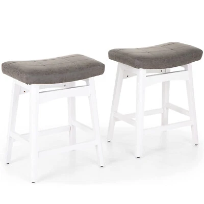 24" Bar Stools Set of 2 Counter Height Saddle Stools Solid Wood Legs Backless - Image 1 of 4