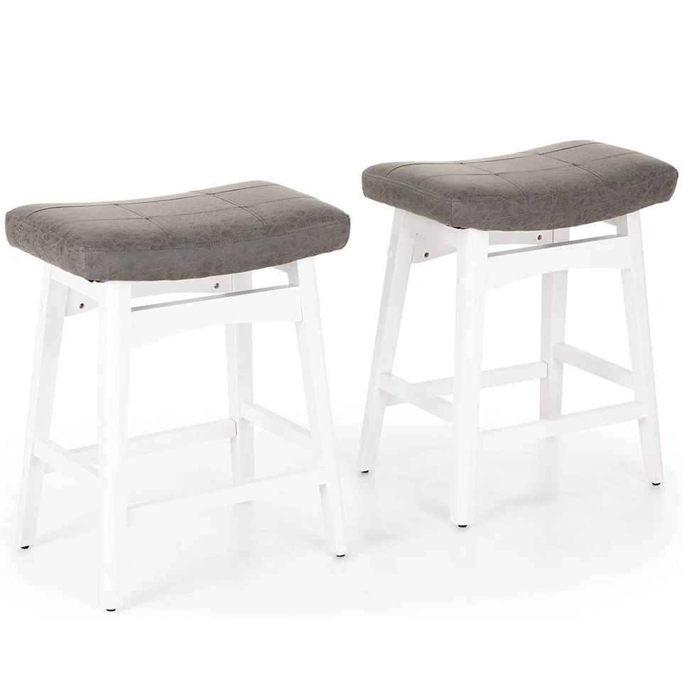 24" Bar Stools Set of 2 Counter Height Saddle Stools Solid Wood Legs Backless - Image 1 of 4