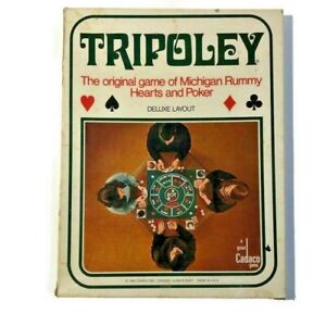TRIPOLEY Michigan Rummy Hearts and Poker 1969 Cadaco Deluxe Ed. 111 Mat 2 Decks