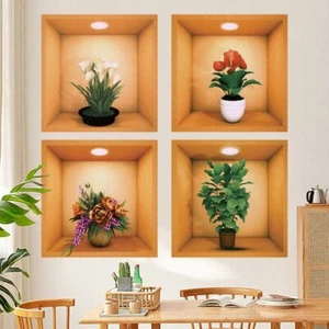 4 Stck./Set PVC simulieren 3D Wandaufkleber Grün Pflanze Pflanzen Blumen Aufkleber Schlafzimmer - Bild 1 von 9
