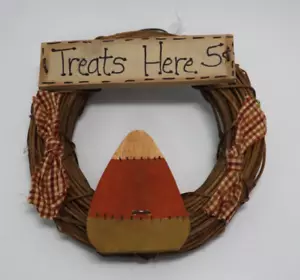 ZBOT 6" Treats here Candy Corn wood wreath country farmhouse vintage decor - Picture 1 of 7