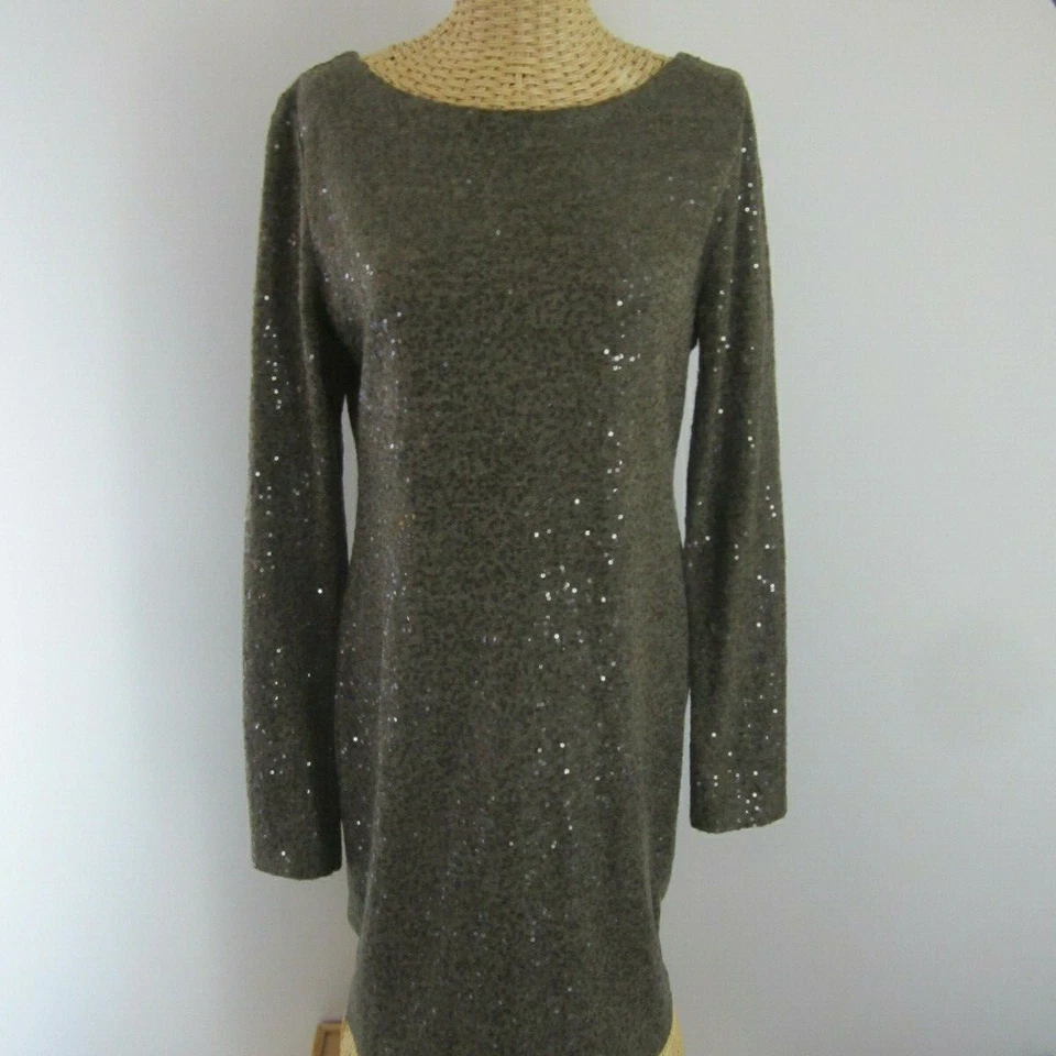 Alice and Olivia Womens L Taupe Gray Long Sleeve Sequined Knit Fitted Dress  - Image 1 of 4