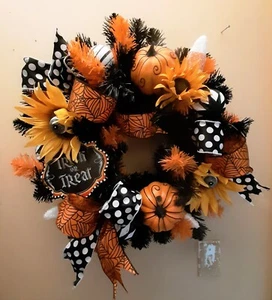 Large 22" Halloween Wreath Sunflowers Candy Corn Pumpkins New - Picture 1 of 1