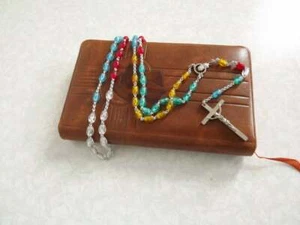 Vintage French Multi Coloured Rosary Beads With Silver Metal Cross & Tag 2199 - Picture 1 of 12