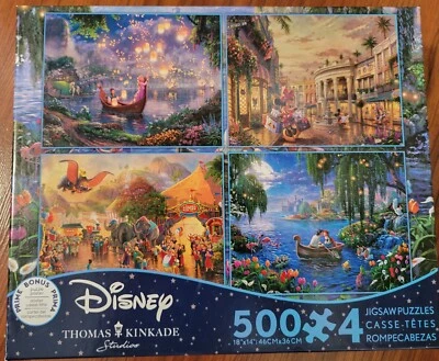 4 x 500 Piece Disney Thomas Kinkade Puzzles - Tangled, Minnie, Dumbo, Ariel NEW - Image 1 of 4