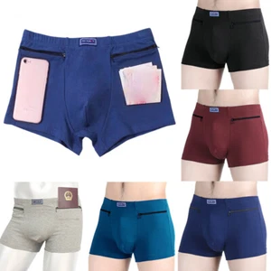New Men Soft Cotton Underpants Boxer Briefs Trunks Zip Pockets Underwear L-4XL - Picture 1 of 20