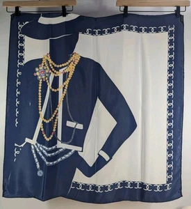 CHANEL Logo Mademoiselle Silk Scarf - Navy Gold Red - 34" x 34" - Picture 1 of 12