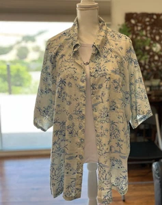Tropical Palm Trees Blue and Ivory Linen Blend Shirt NWT Women's Size 10 READ - Picture 1 of 8