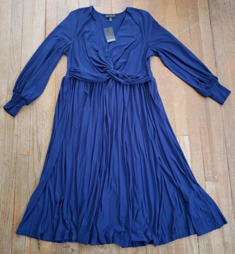 VALENTINO Abito midi donna nuovo con etichette Eloquii nodo davanti plissettato manica vescovo 16 blu modesto