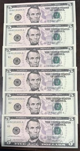 2006 - $5 DOLLAR FEDERAL RESERVE NOTES - CRISP - 6 SEQUENTIAL NOTES - Picture 1 of 4