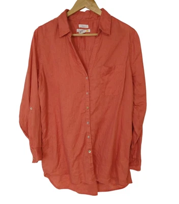 C&C California Shirt Blouse Large Coral Linen Shirt Roll Tab Sleeves Lightweight - Image 1 of 4