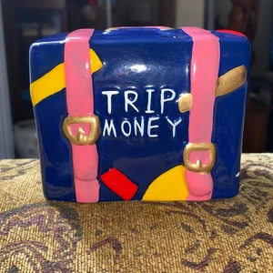 Ceramic Suitcase Coin Bank “Trip Money” Vintage? 3.5” Tall 4” Long - Picture 1 of 7