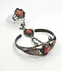 Sklavenarmband im Südwesten-Stil Sterlingsilber mit Koralle 19,9 g 6 Zoll Ring 4,5 - Bild 1 von 15