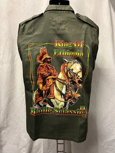 HAILE SELASSIE KING OF ETHIOPIA RASTA ARMY STYLE GREEN JACKET WITH RGG STRIPES - Picture 1 of 2
