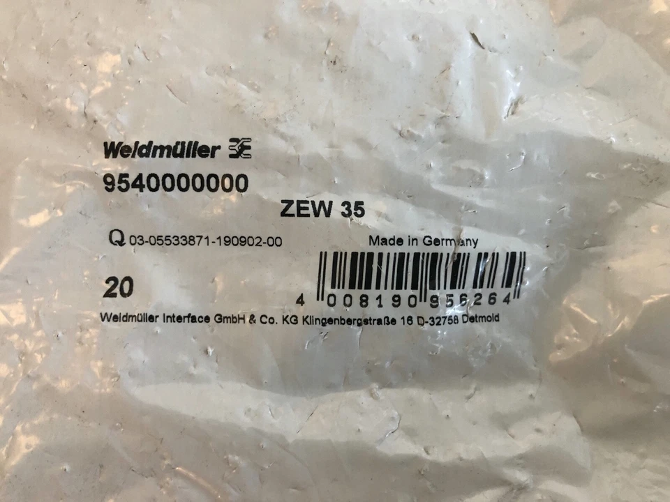 WEIDMULLER 9540000000 - PACK OF 20 -  END BRACKET, TS 35 DIN MOUNTING - Image 1 of 1