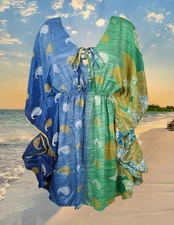 Summer Short Caftan Dress, Women's BOHO CHIC Kaftan Dresses Blue Green Silk M-XL