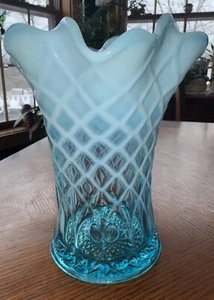 VTG Jefferson Glass Vase~Blue Opaque To Clear Teal Glass~Lattice~ Ruffled Edge - Picture 1 of 10