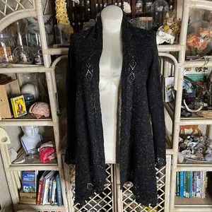 Y2K Black High Low Cardigan Bell Sleeves Open Knit Trim Colorful Flecks Go Fish - Picture 1 of 10