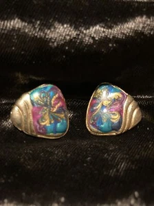Vintage 70’s Marbled Enamel Gold Tone Earrings Pierced Made In USA Mark - Picture 1 of 3