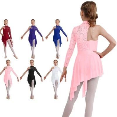 Girls Single Long Sleeve Lace Patchwork Lyrical Dance Dress Modern Dance Costume - Image 1 of 4